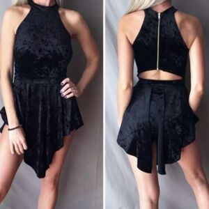 SEXY Black Crushed Velvet Open Back Cutout Exposed Zipper Party Romper Dress L